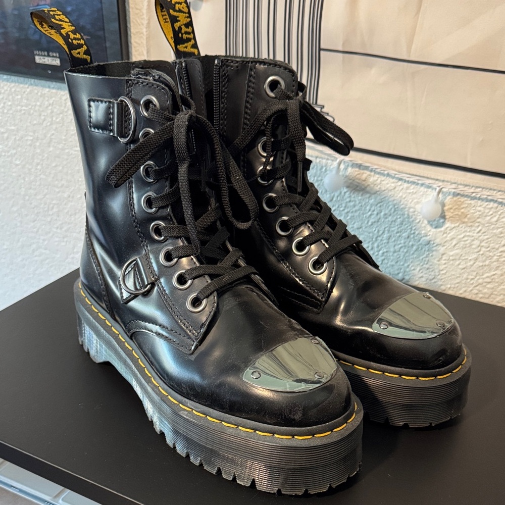 Dr. Martens Black Platform Combat Boots with Metallic Toe Caps